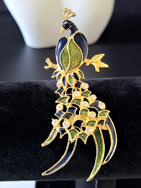 Vintage ESTATE PEACOCK 3" BROOCH Pin Bird Rhinestone Enamel Gold Tone THAILAND