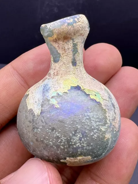 Rare Ancient Old Intact Roman Era Roman Glass Medicine Bottle With Patina On Top