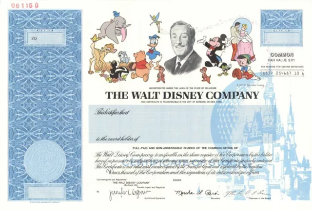 Walt Disney Co. - dated 1995 Specimen Stock Certificate - Very Rare as a SPECIME