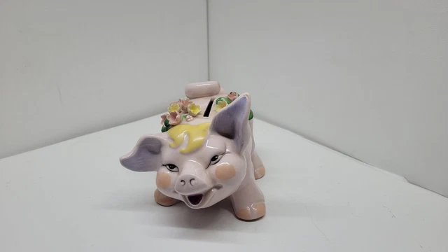 Vintage Lefton China Piggy Bank Applied Flowers Hand Painted with Stopper