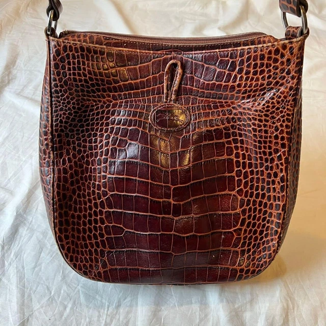 Longchamp Roseau Shoulder Bag Leather Croc Embossed Brown Made in France 4