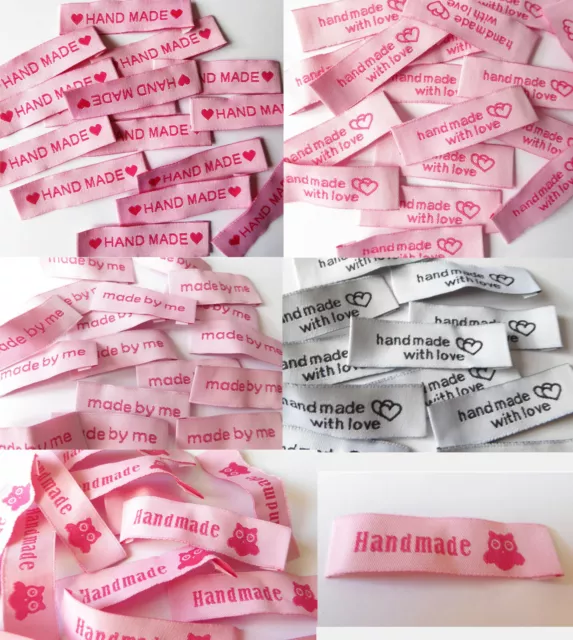 20x Etiketten Labels Aufnäher "HANDMADE" Applikation Herz Eule rosa 5 x 1,6 cm