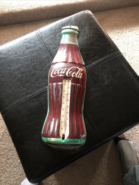 1950's VTG COCA COLA Old Metal ROBERTSON Coke BOTTLE Sign THERMOMETER 17"(E) *