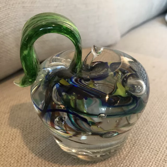 Signed Studio Art Glass Apple Paperweight Blue Green Swirl with Bubbles