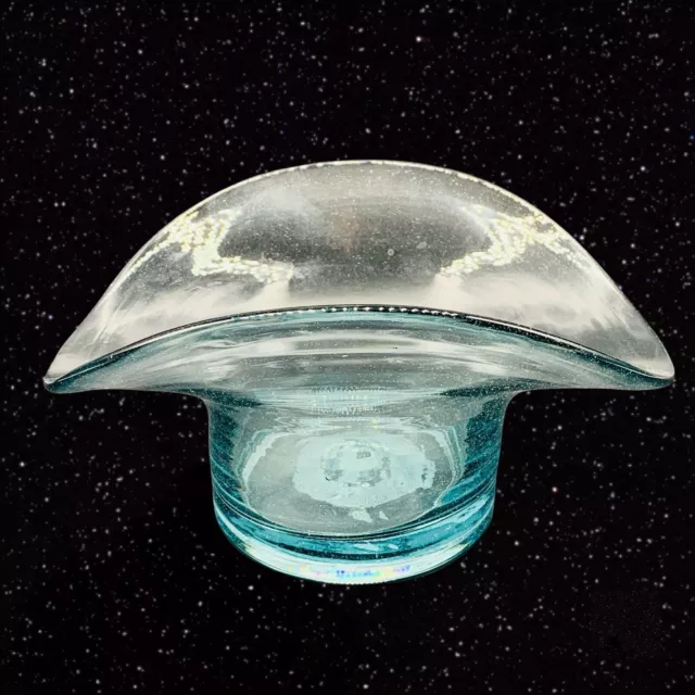 Vintage Art Glass Light Blue Hand Blown Top Hat Vase 4.5”T 9”W 2