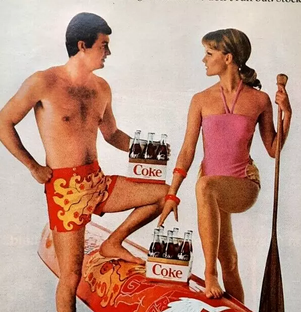 Vintage 1968 Coke COCA COLA Couple in Swimsuit Original print Ad