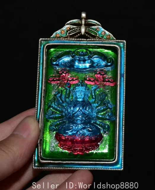 3.6" Ancient Chinese Silver Inlay Green Gem Thousand Arms Guanyin Amulet Pendant