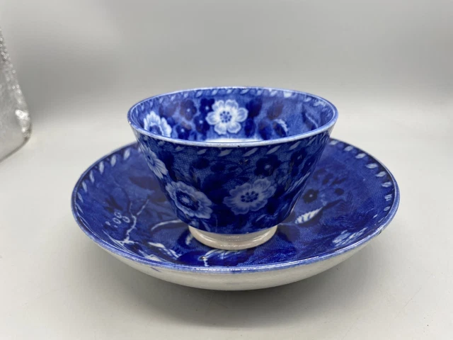 Historical Dark Blue Staffordshire transferware  Cup & Saucer Floral & Shells