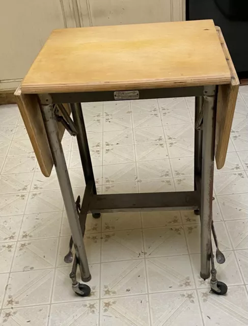 Typewriter Table Drop Leaf Rolling Wood Top Metal Stand Hi Lo Industrial