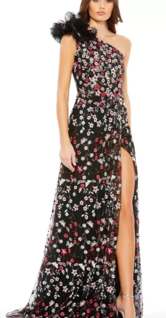 Mac Duggal 20331 Black Floral Embroidery Feathered One Shoulder Gown Size 6 NWT