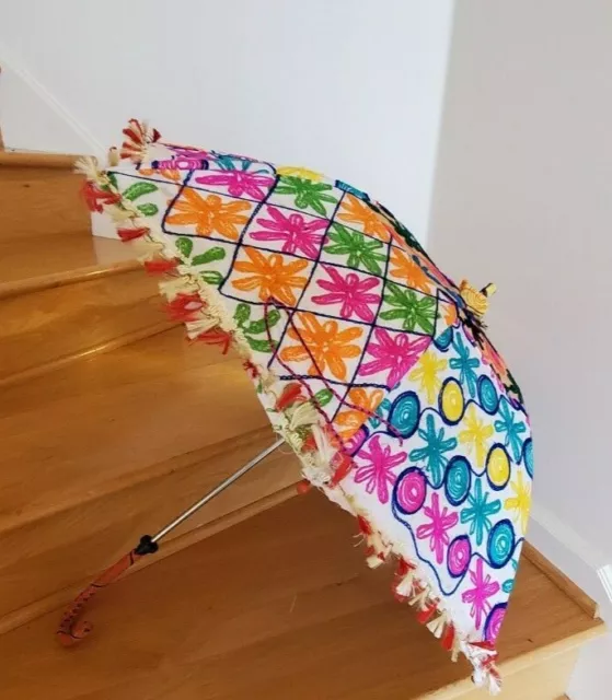 Vintage 60s 70s Child's Parasol Umbrella Mod Floral Fabric 21 inch Embroidery 