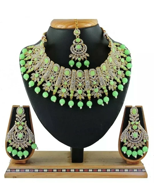 Pista Indian Traditional Wedding Gold Plated Diamond Pearl Stud Choker Jewelry