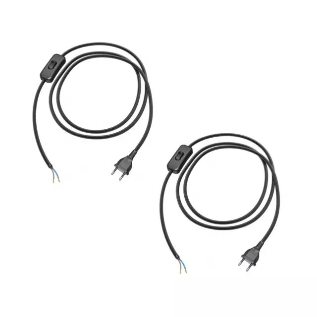2x Fiche euro Typ C avec câble textil, interrupteur, 2m, noir , 2 x 0,75 mm²