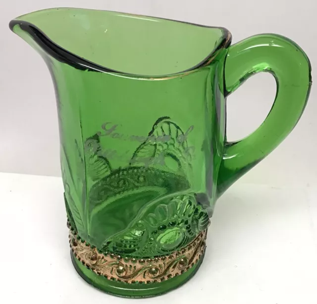 Antique Souvenir EAPG Glass Sm Pitcher Creamer Souvenir Pittsburgh Pa Green Gold