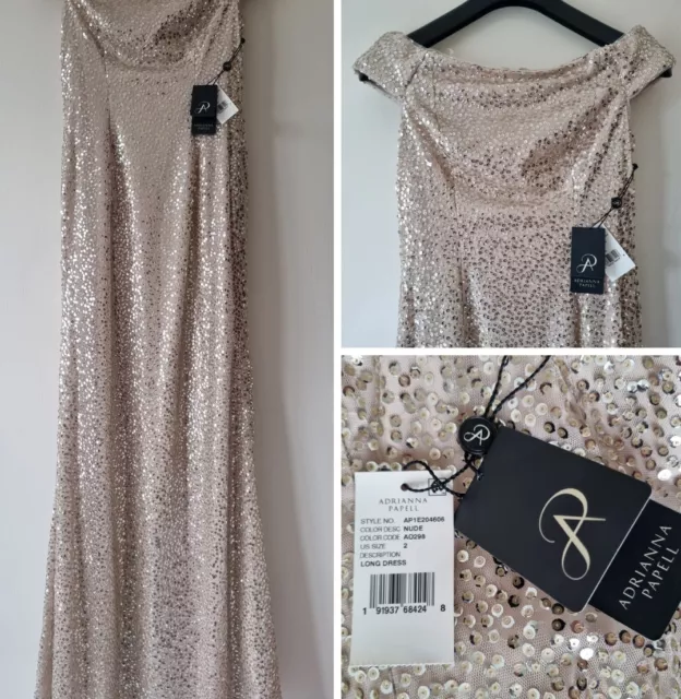 ADRIANNA PAPELL UK Size 6 Nude  Sequin Lined Long Ballgown Dress - New with Tags