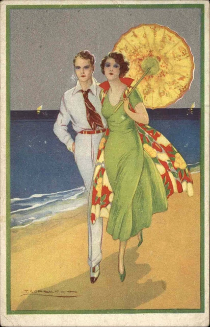 BEAUTIFUL WOMAN ART Deco Parasol Beach Handsome Man Corbella c1920 ...