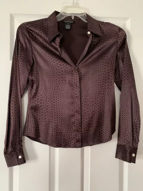 Women’s Kenneth Cole New York Brown Circles Button Down Shirt Silk Size 4
