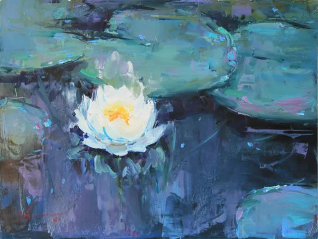 Water lilies painting Original art Impressionism Oil on panel by S Chernyakovsky
