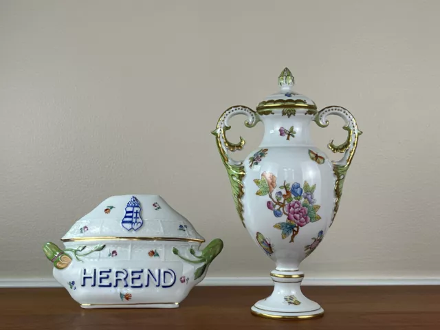 Herend QUEEN VICTORIA Green Border Porcelain 10” Urn with Lid #6690/VBO: EUC