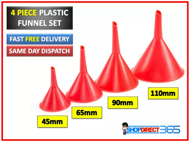 4 Piece Funnel Set Plastic Pouring Funnels 45 65 90 110 mm Kitchen Petrol Fuel