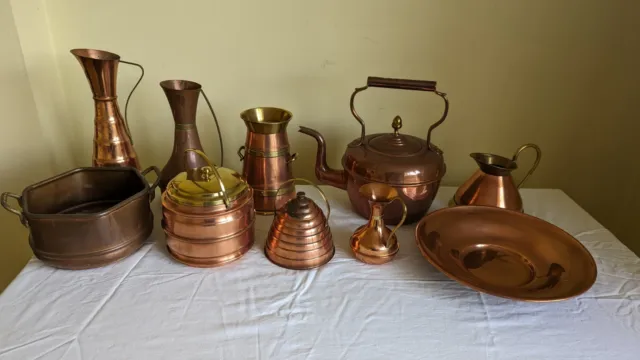 Vintage Copper Kettle, Jugs, Bowls, Jars. 10 Items Some Possibly Antique?