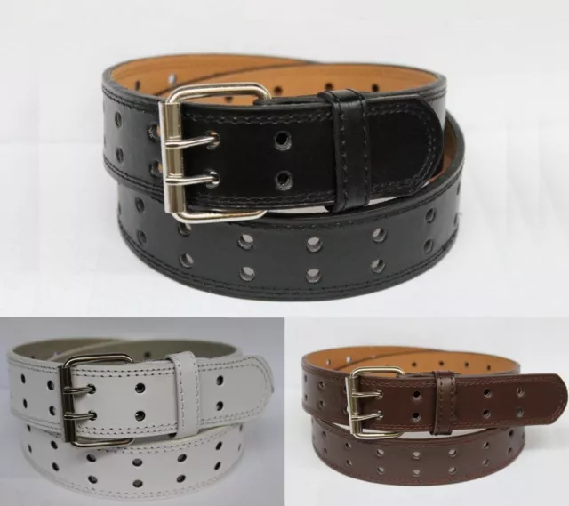 New Unisex Men's Womens Solid 2-Double Row Holes Plain Leather Belt w/ Ag Buckle
