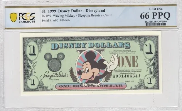 1999 $1 Disney Dollar Waving Mickey PCGS GEM UNC 66 PPQ  AA Block DISNEYLAND ***