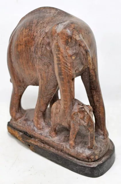 Vintage Madera Elefante Con Bebé Figura Original Antiguo Tallado a Mano