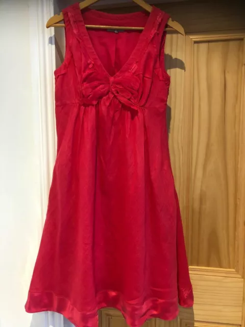 Jigsaw beautiful feminine bow front vibrant red dress with satin trim, size 10