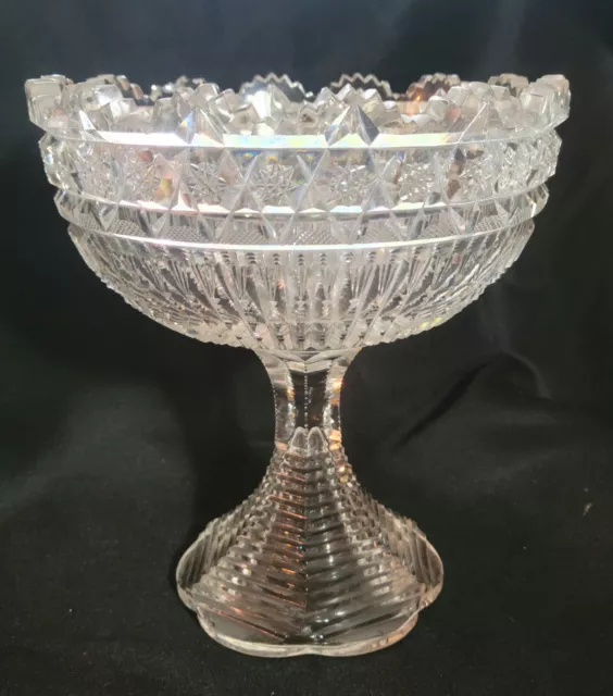 American Brilliant Cut Crystal Pedestal Bowl Pitkin and Brooks Aurora Borealis