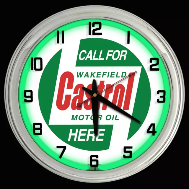 Castrol Motor Oil Sign 16" Green Neon Clock Garage Auto Shop Decor