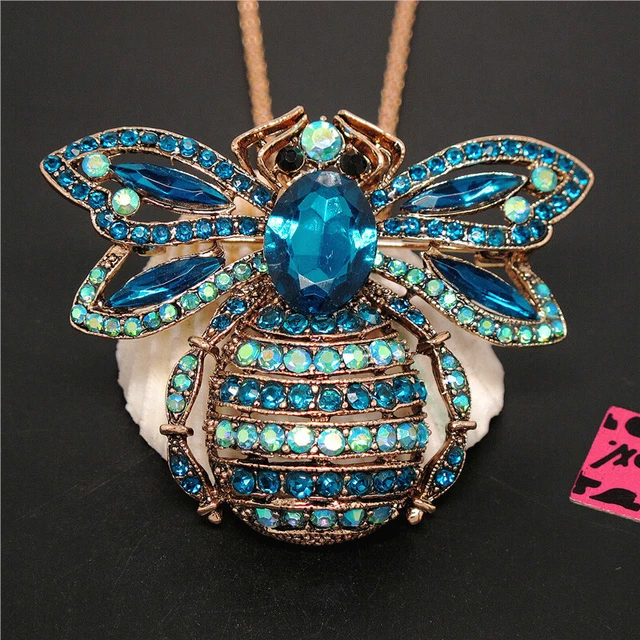 New Blue Cute Rhinestone Bee Honey Pendant Betsey Johnson Chain Necklace