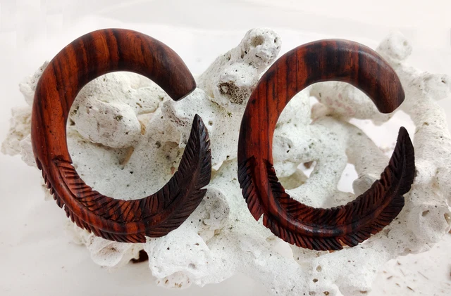 Pair Handmade Organic Wood Feather Wings Hoops Ear Gauge Hanger Plugs 4G-11/16"