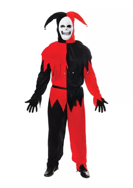 Adult Evil Jester Red & Black Mens Scary Clown Halloween Fancy Dress Costume