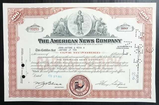 AOP USA 1965 The American News Co. 100 shares certificate