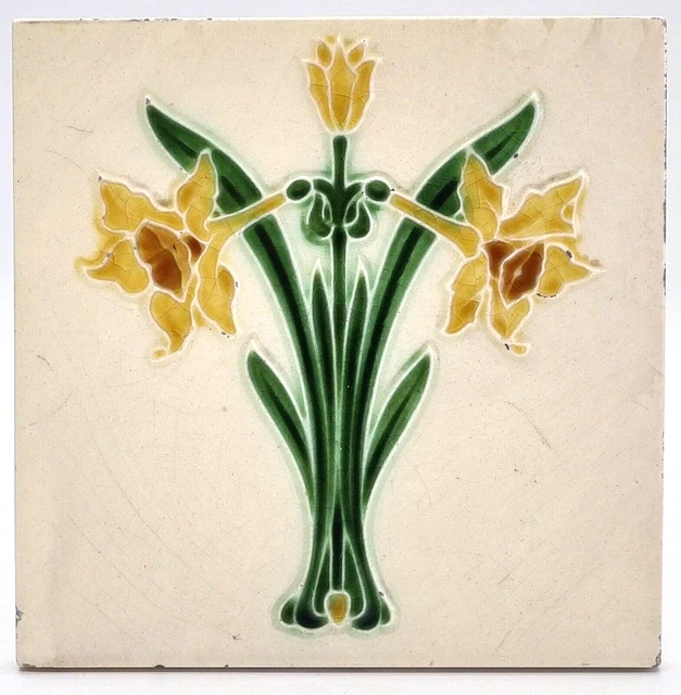 Antique Fireplace Tile Majolica Daffodils Lea & Bolton C1907 AE2