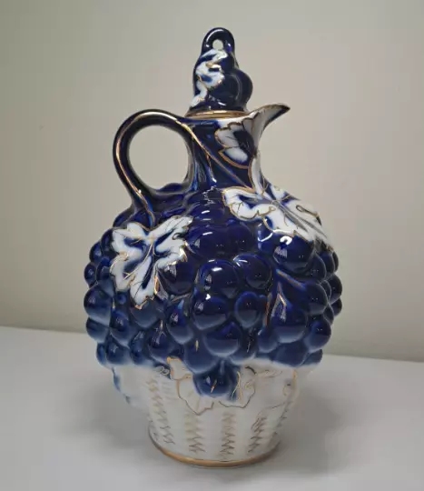 LFZ Lomonosov Porcelain Blue Cobalt Decanter/Carafe w/Lid "Grape in the Basket"