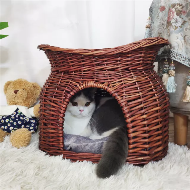 Wicker Cat Cave House Raised Bed Basket Kitten Tower Pet Den Calming Chair w/Mat