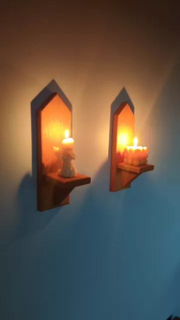 Pair Of 30cm Solid Oak Wood Sconces , Handmade Wall Candle Holders