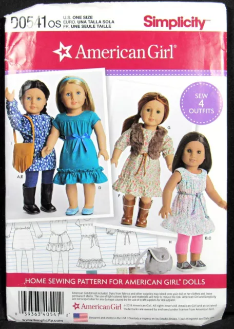 Doll Clothes 18" Doll American Girl Dress Purse Pattern Simplicity 0541 Uncut