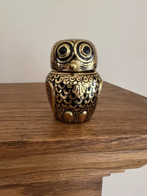 Golden Burmese Owl Lacquerware Box Trinket Container 3” Tall Gold/Black