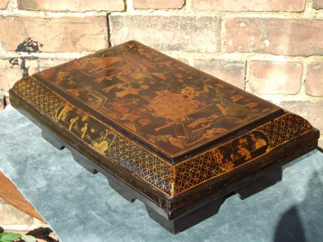 Chinese black and gilt lacquered sarcophagus shaped painted box 3