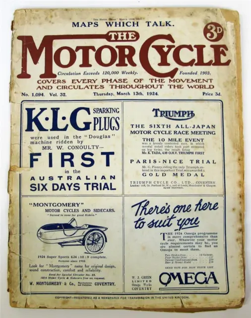 Motor Cycle 13 Mar 1924 Motorcycle Magazine P+P Combination tested