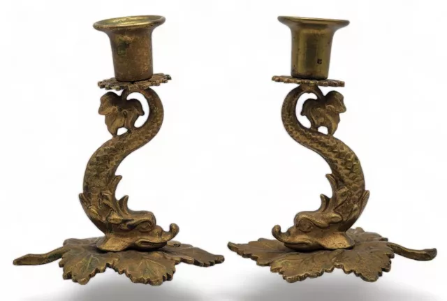 VINTAGE Pair of Brass Dolphin Fish on Leaves Candlesticks