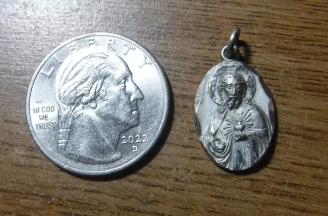 Antigua Medalla Escapulario Católico de Plata Esterlina Sagrado Corazón de Jesús