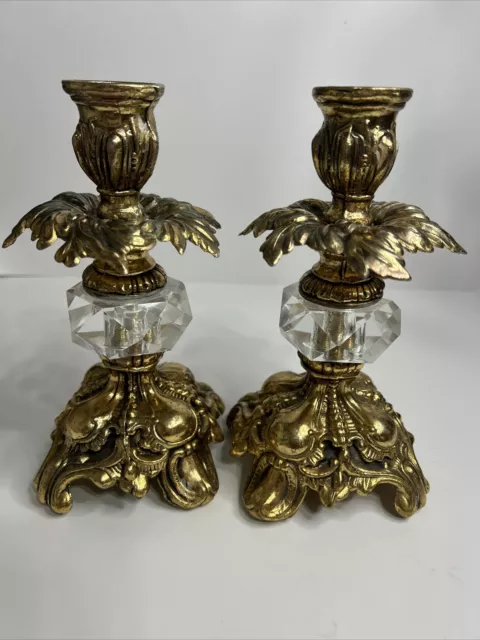 Pair Of 7” Vintage Ornate Brass Tone and Crystal Glass Candle Holder  By ACC