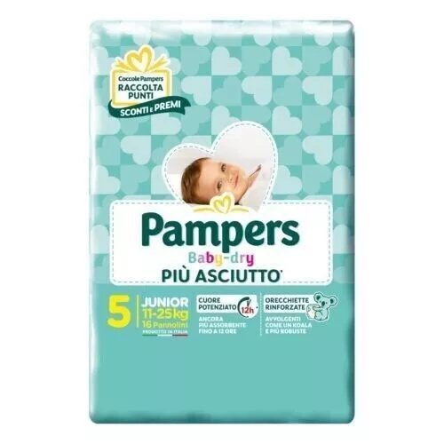 16 pezzi Pampers Baby Dry Pannolini Junior, Taglia 5 (11-25 kg), più asciutto