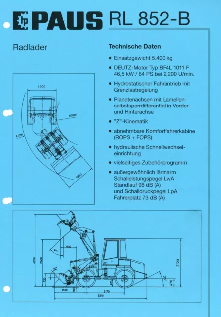 Paus RL 852-B Radlader Prospekt 2001 D Technische Daten wheel loader data sheet