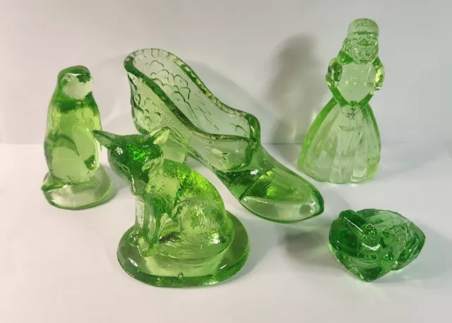 Collection of 5 pieces Vaseline Glass Princess, Shoe, Fox, Penguin & Frog Glows!