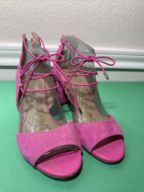 Sam Edelman Womans Shoes Serene Ankle tie Sandals Pink Suede Block Heels 8.5 EUC